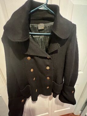Fendi Black Double-Breasted Pea Coat with Gold Buttons